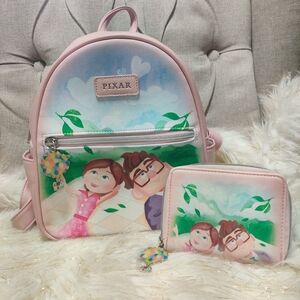 Disney up loungefly mini backpack wallet pink balloons set bag Pixar zipper